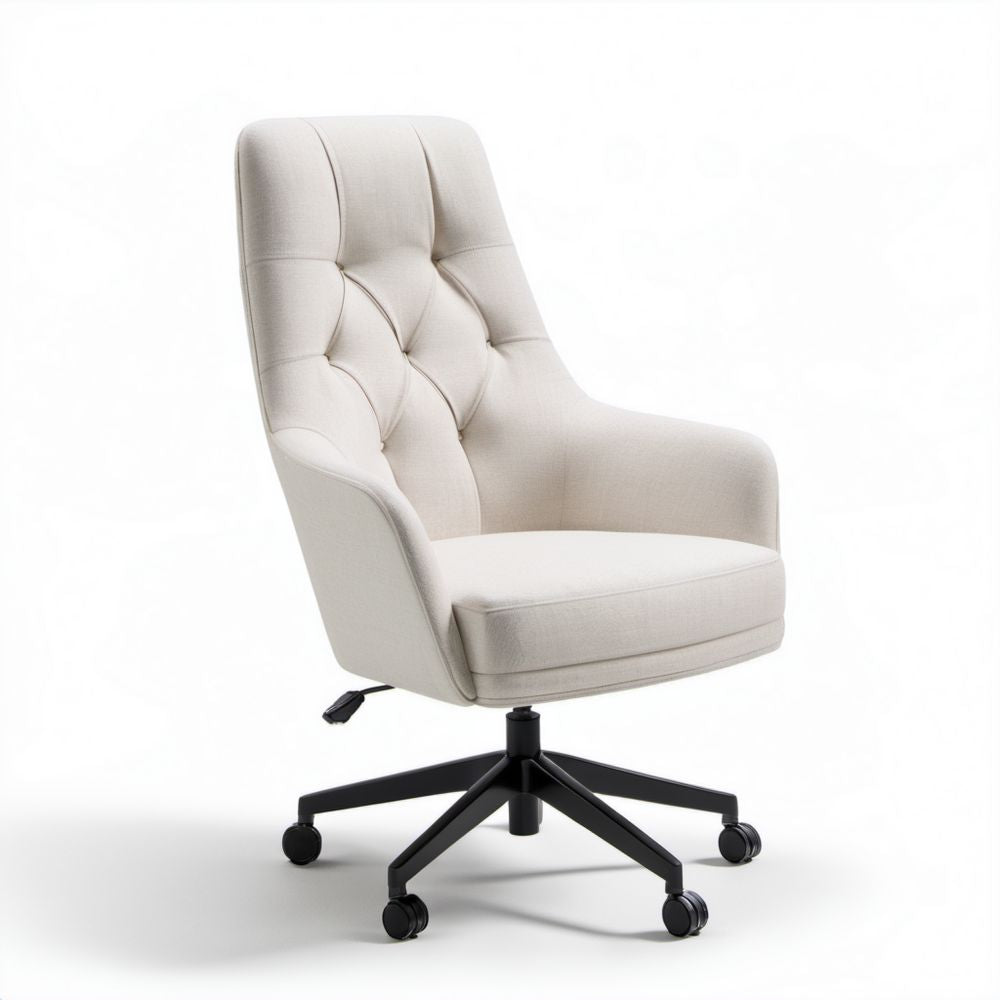 Kremowy fotel biurowy obrotowy z tkaniny, wysokie oparcie, 65 x 68 x 112–122 cm