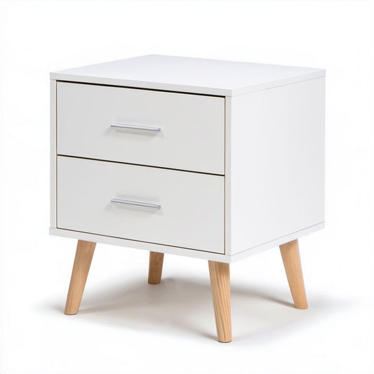 Biała szafka nocna MDF z 2 szufladami, 40 x 35 x 55 cm, na nogach z litego drewna sosnowego