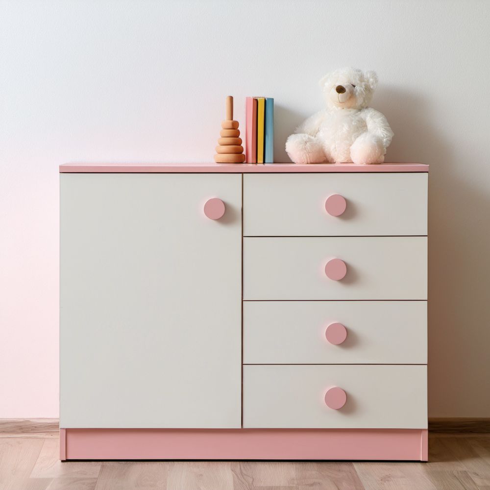 Komoda dziecięca z płyty wiórowej laminowanej biała/różowa, 100 × 45 × 90 cm, 4 szuflady i drzwi