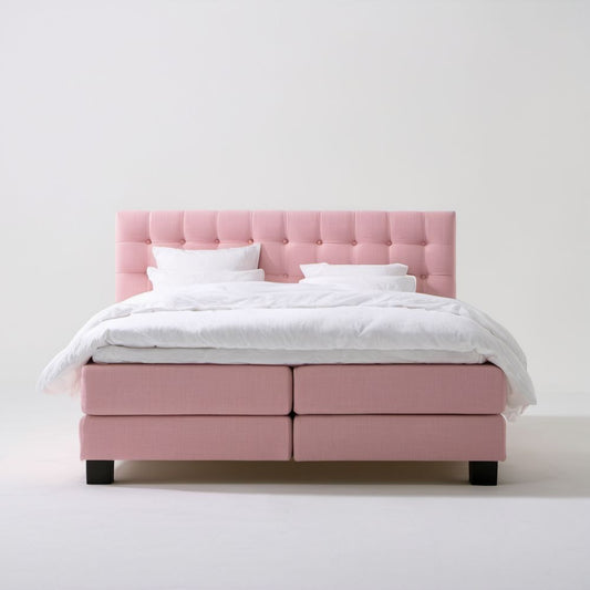 Różowe łóżko kontynentalne boxspring z tapicerką tekstylną 180 x 200 cm